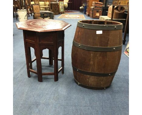 EASTERN FOLDING OCTAGONAL OCCASIONAL TABLE, 45cm wide, along with a wooden barrel stick stand