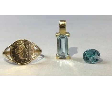 AQUAMARINE PENDANT SET IN NINE CARAT GOLD, along with a nine carat gold signet ring and a blue gem, possibly blue topaz