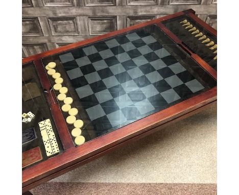 MODERN GAMES TABLE, with cribbage, dominoes, playing cards, draughts and chess pieces, 120cm long