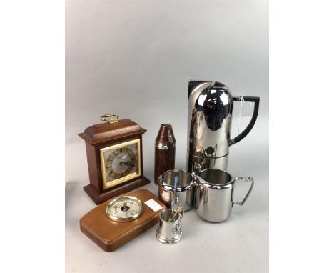OLIVER HEMMING COFFEE SERVICE, comprising pot, cream and sugar, along with a mantel clock, barometer, a flask and cups set, t