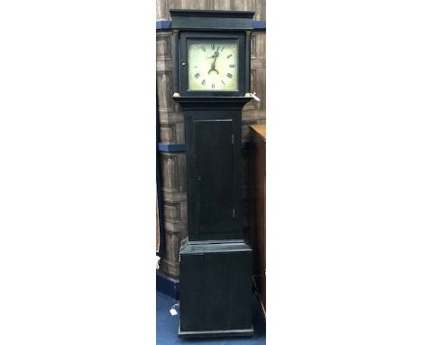 19TH CENTURY LONGCASE CLOCK, the 10" square enamel dial with Roman numerals, subsidiary seconds, calendar aperture and 30 hou