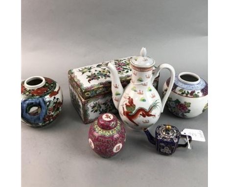 MINIATURE CHINESE CLOISONNE TEA POT, along with a collection of Chinese ceramics and other items including a trinket box, gin