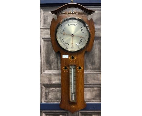 ART NOUVEAU INLAID OAK WALL BAROMETER, by Chadburns of Liverpool, 72cm long
