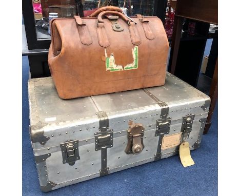 STUDDED METAL TRAVEL TRUNK, 81cm wide, along with a gladstone bag, leather suitcase and a travel trunk (4)