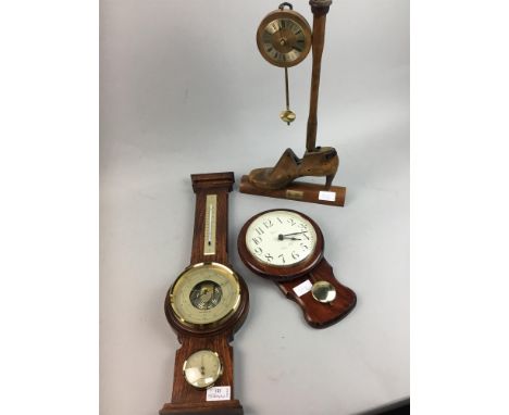 LOT OF THREE CLOCKS AND A WALL BAROMETER, including one modelled from a shoe last, and two wall clocks