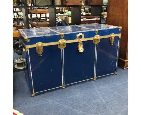 VINTAGE BLUE TIN TRAVEL TRUNK, 110cm wide