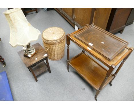 Small selection of furniture to include, oak tea trolley with serving tray, wicker basket, side table and a carved elehphant 