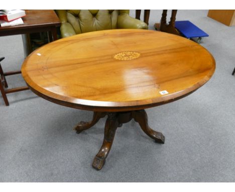 Victorian walnut inlaid tilt top loo table with bird cage support 