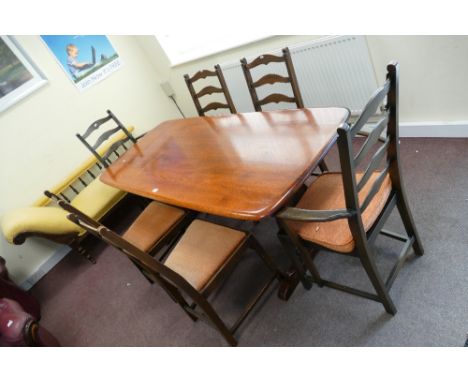 Large mid-century Ercol refectory dining table (re-finished top), with 6 matching ladder back dining chairs including 2 carve