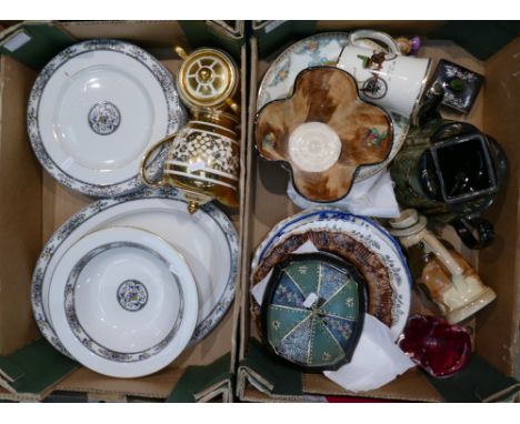 A mixed collection of items including Royal Doulton Tavistock patterned dinnerware, Saddler teapots, decorative hand decorate