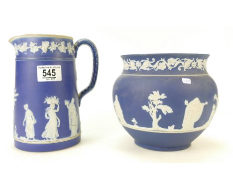 Adams dark blue &amp; white jasper ware planter, diameter 19cm and a similar unmarked jug (2)