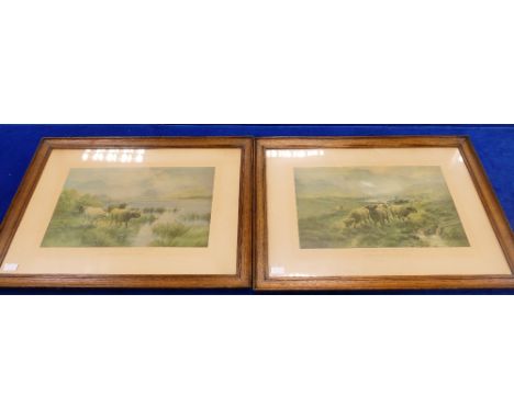 Pair H.R Hall prints with cattle scenes: mounted in oak frames 82 x 61cm 