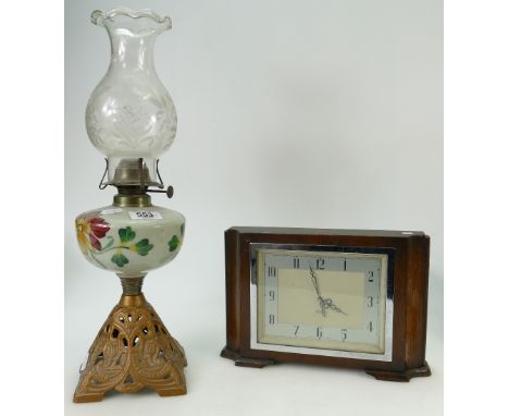 Vintage brass and hand painted glass oil lamp with etched shade, height 47cm and Smiths oak framed mantle clock (2)
