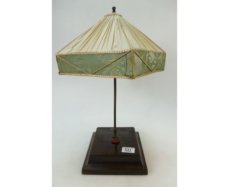 Original 1930s Royal Doulton wood lamp base with silk shade, missing figure
