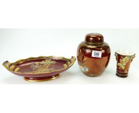Carltonware rouge royale ginger jar &amp; cover decorated with dragonflies, height 19.5cm, two handled long dish decorated wi