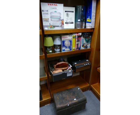 A large mixed collection of items to include a vintage tin trunk in original scumble, Alba Stereo Model 536, a collection of 