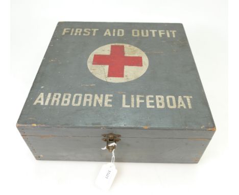WWII 'airborne lifeboat first aid outfit' box measuring 30cm x 30cm x 11.5cm high. 