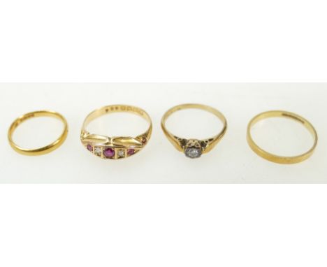 4 gold rings- 22ct gold band 2g F1/2, 18ct diamond &amp; ruby N, 18ct band N1/2 4.1g &amp; 9ct single stone diamond J1/2 1.5g