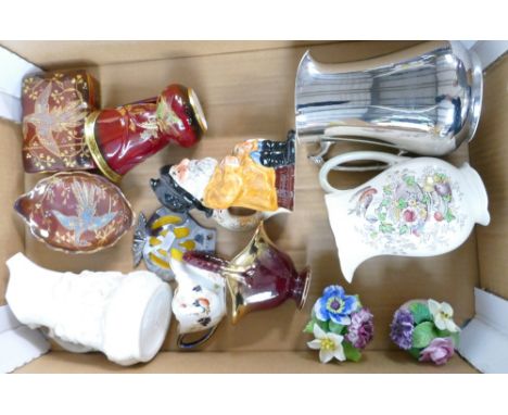 A collection of pottery to include 19th century salt glazed embossed jug, Crown Devon items, AA car badge, various trinkets e