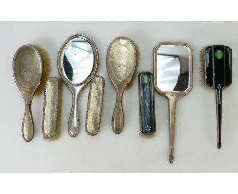 Art deco Silver &amp; enamel 3 pce mirror and brush set together with 5pce silver set: , Some denting and minor enamel damage