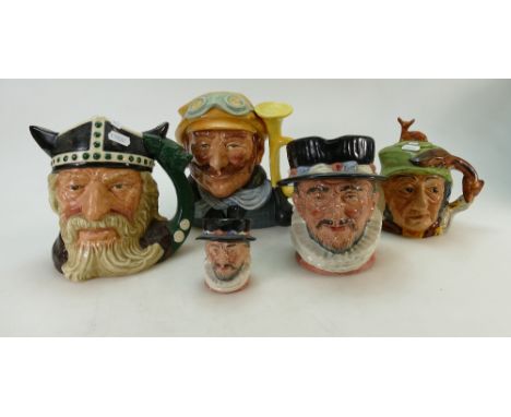 Royal Doulton Character jugs: Three large to include beefeater D6206, Viking D6496, Veteran Motorist D6633. One small Beefeat