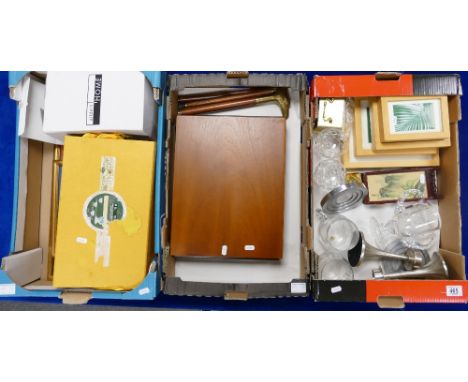 3 trays - job lot cutlery clock cut glass frames: includes folding walking stick and other items - 3 trays.