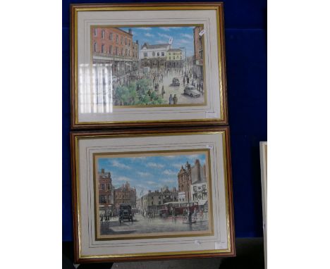 Local interest prints titled Hanley Market 1955 &amp; Parliament Row, Old Hanley, both by Alan Harris(2)