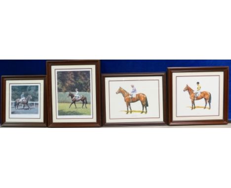 Four racing prints - two by Roy Miller - Dancing Brave with Pat Eddery up, 496/500, signed in pencil in margin, 53cm x 39cm. 