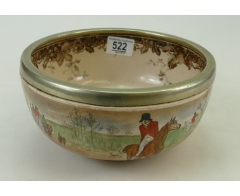 Royal Doulton Bowl with White Metal Rim, decorated with Fox Hunting Scenes by R Caldecott