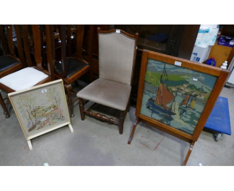 Unusual light oak fire screen that folds down to a side table with a glazed embroidered boat scene, along with a smaller fire