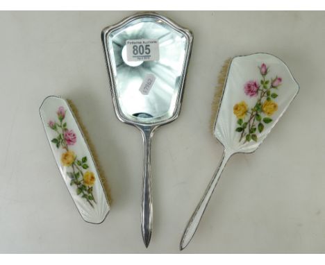 Silver 3 piece hallmarked silver &amp; enamel mirror &amp; brush set: hand painted on guilloche enamel, 2 chips to edge of en