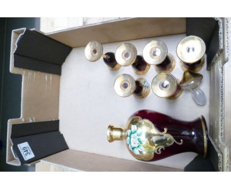 Bohemian style ruby glas decanter set decorated with floral panels 