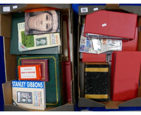 Large stamp collection in 2 boxes - 5 albums of first day covers, 6 large albums of world stamps, misc. oddments, WWI postcar