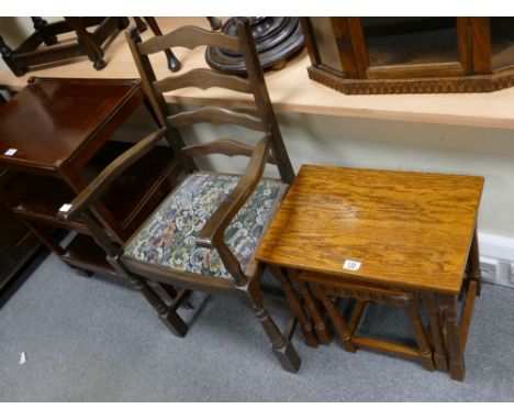 20th Century light oak nest of 3 tables and a oak ladder back carver (2)
