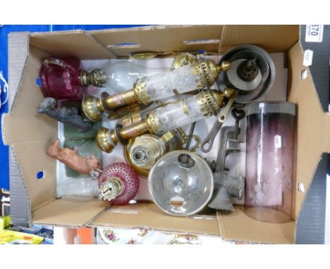 Job lot inc. brass lamps, GWR cranberry etc: Copper and brass pans, 2 x cranberry glass lamps, brass students lamp, pr. brass