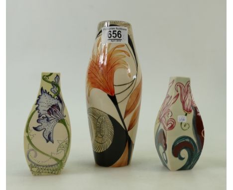 Two Moorcroft Black Ryden vases togther with similar Cobridge item, tallest 22cm(3)