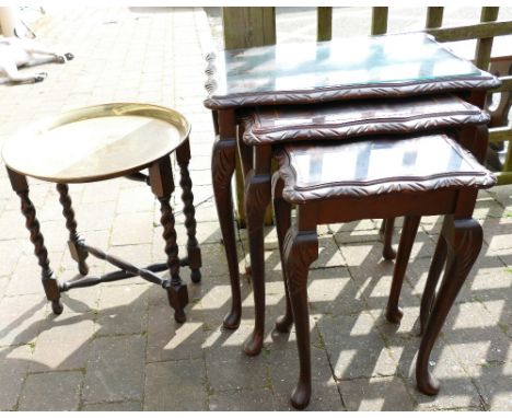 mahogany queen Anne nest of tables with glass tops and fold away bras topped table :(2)