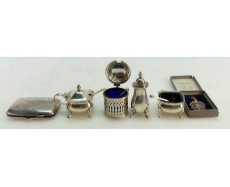 Small lot of silver items: cruet set, cigarette case &amp; fob, some denting. Weighable silver 202g.