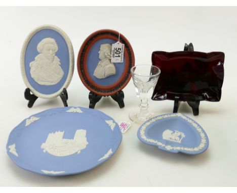 Wedgwood three colour jasperware oval portrait plaque, and a similar blue jasperware item and a dish, together with Royal Dou