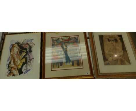 Three large prints to include limited edition signed Beryl Cook item, similar sized piece titled Sax Mad and stylish but dama