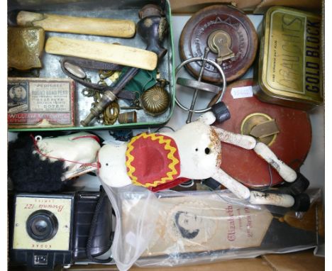 Small Tray containing Brownie Camera, Horse puppet, Silk bookmark (1953), Misc collectors pieces.