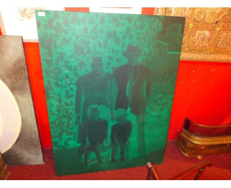 Two large oils on canvas, one depicting a family portrait in green hues, the other illustrating a surrealist circle with RA d