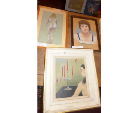 J H Jerram, a watercolour of a posed female nude, signed lower right, together with a pastel portrait of a female and an oil 