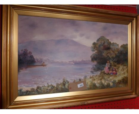 A Russian school oil on canvas landscape depicting figures seated on a river bank monogrammed 'M&R', in a gilt frame 