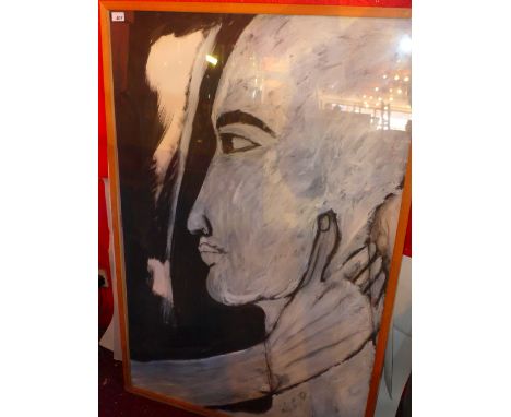 A large gouache on paper of a portrait side profile, glazed and framed 125 x 80cm 