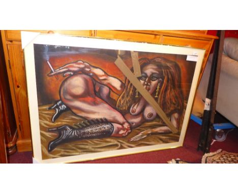 Ally Thompson, original artwork of a nude female with a cigarette, signed lower right and date '99 in a gilt metal frame, 84 