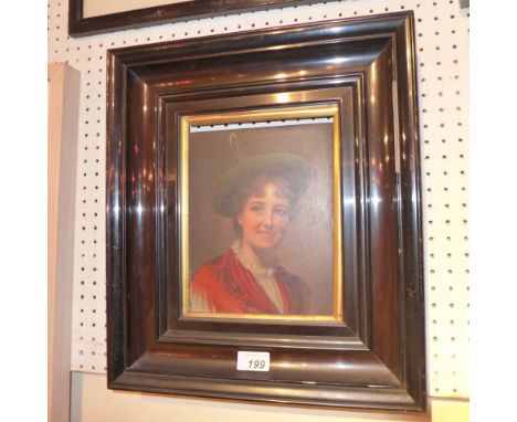 A 19th century oil on board, portrait study of a lady in a lacquered frame 