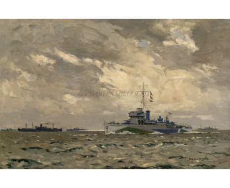 δ NORMAN WILKINSON (1878-1971) North Atlantic Convoy under escort with a Flower Class corvette in dazzle camouflageSigned 'No