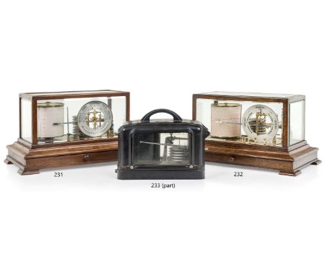 A RECORDING BAROGRAPH RETAILED BY HARRODS, LONDON, CIRCA 1920oak case with ivorine retailer's plate, lacquered brass fittings