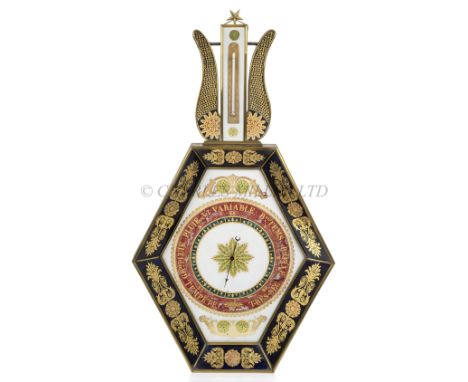 A FRENCH EMPIRE VERRE ÉGLOMISÉ BAROMETER AND THERMOMETER, EARLY 19TH CENTURY the dial within a hexagonal surround surmounted 